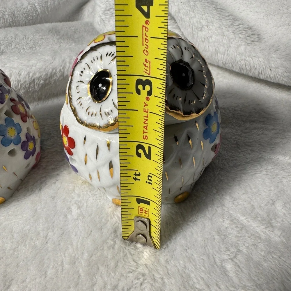Pair Ceramic Owl Luminary Candle Holders Floral Gold Accent Lidded Decor